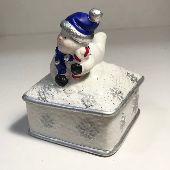 Vintage Ceramic Snowman Snowflake Christmas Trinket Box Jewelry Blue WhiteSilver - Picture 9 of 16